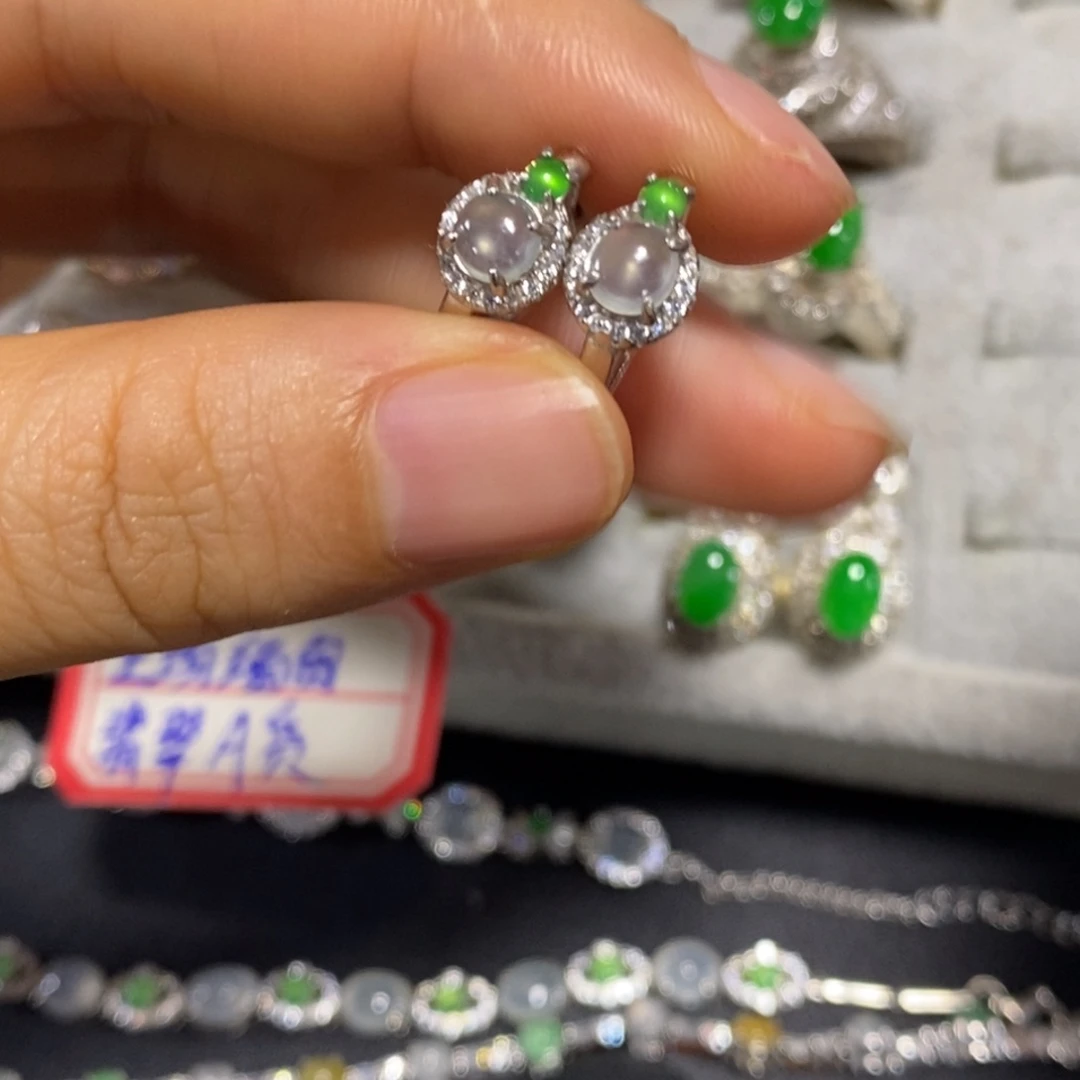 翡翠银S925镶嵌耳饰耳扣