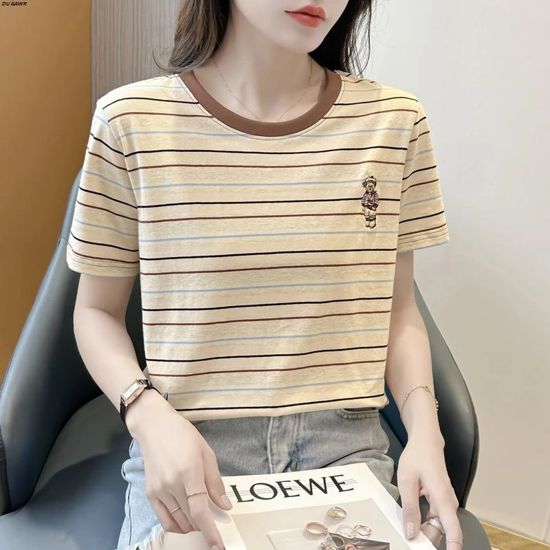 圆领条纹撞色正肩纯棉短袖t恤女夏季新款宽松设计感小众体恤上衣