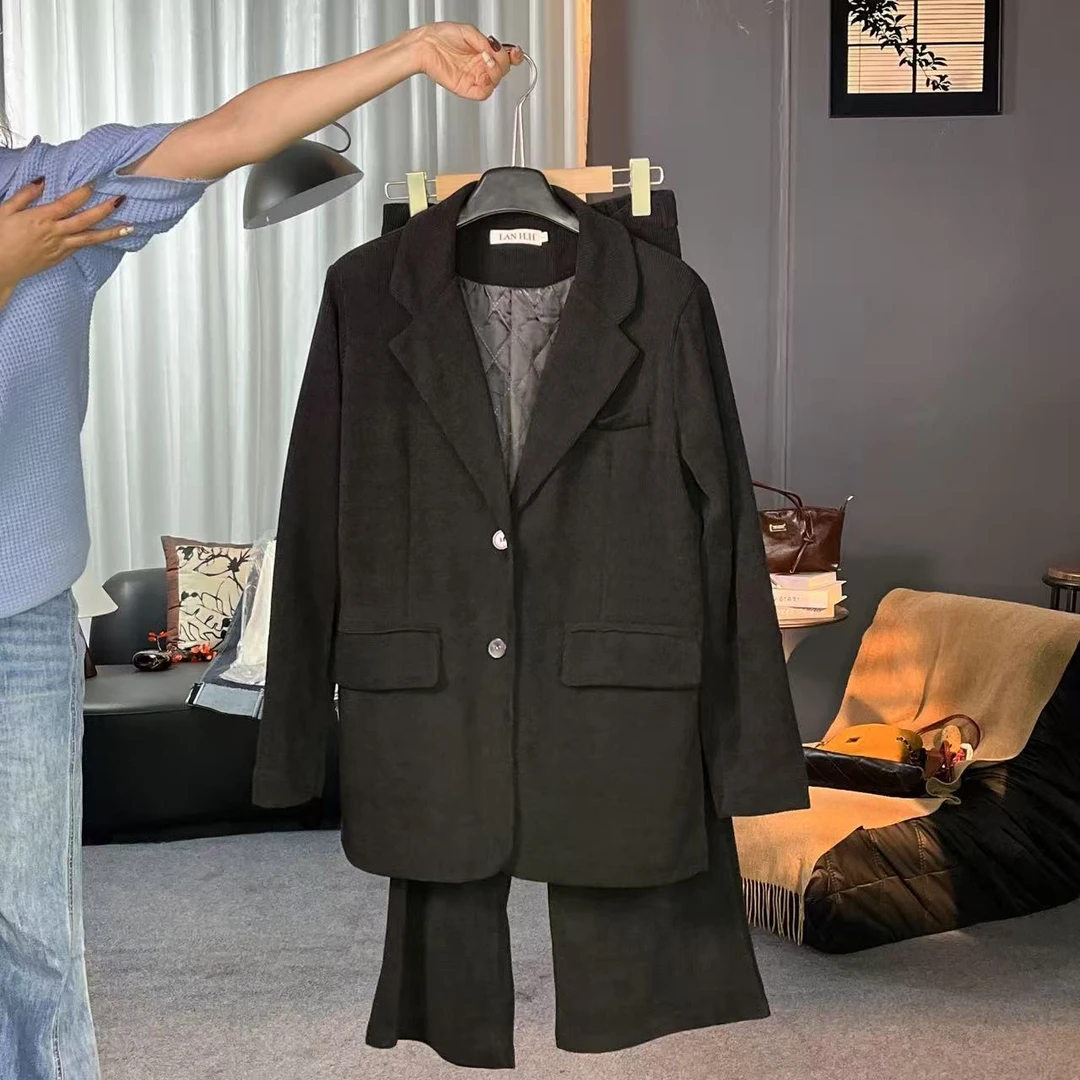 【年终清仓暖阳范】秋冬女加棉加厚套装黑色外套加棉，裤子不加棉