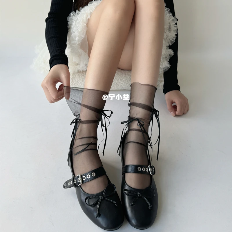 宁小益黑色蝴蝶结系带网纱中筒袜子女夏季超薄款透明纱甜美堆堆袜