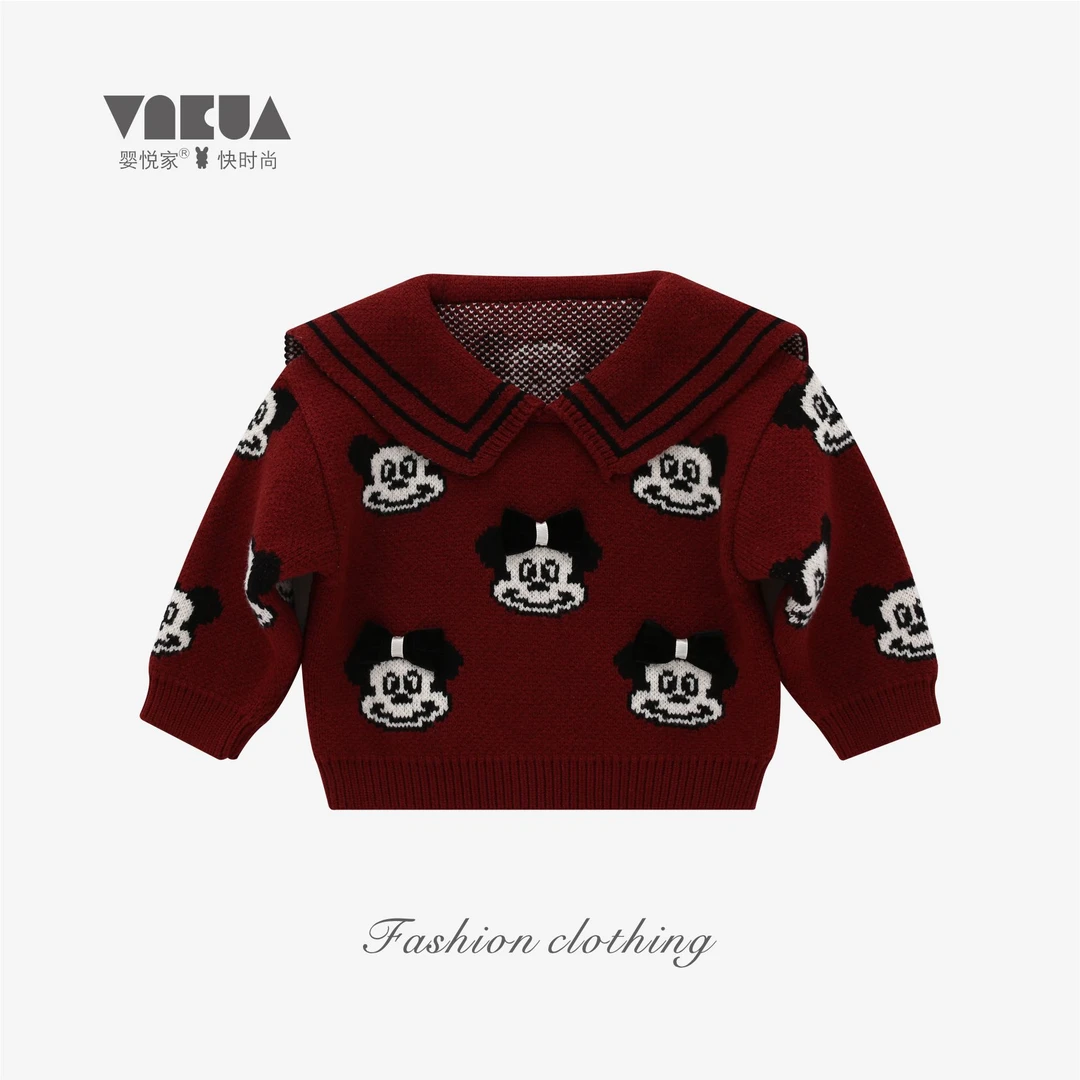 婴悦家秋冬款女宝宝时尚洋气海军方领卡通红色针织衫 93105