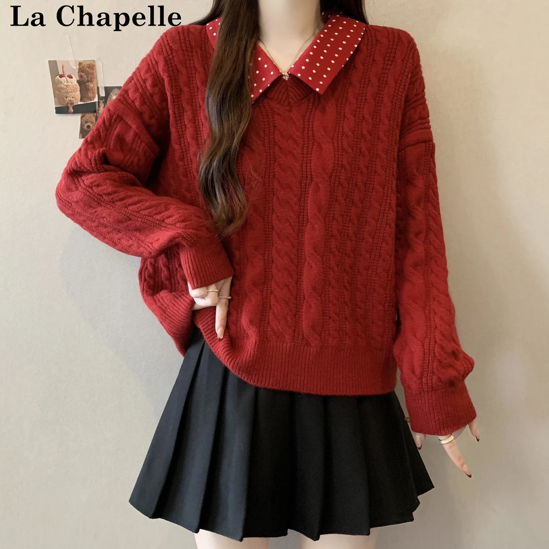 拉夏贝尔秋冬新年红色波点假两件麻花毛衣女氛围感穿搭针织衫打底
