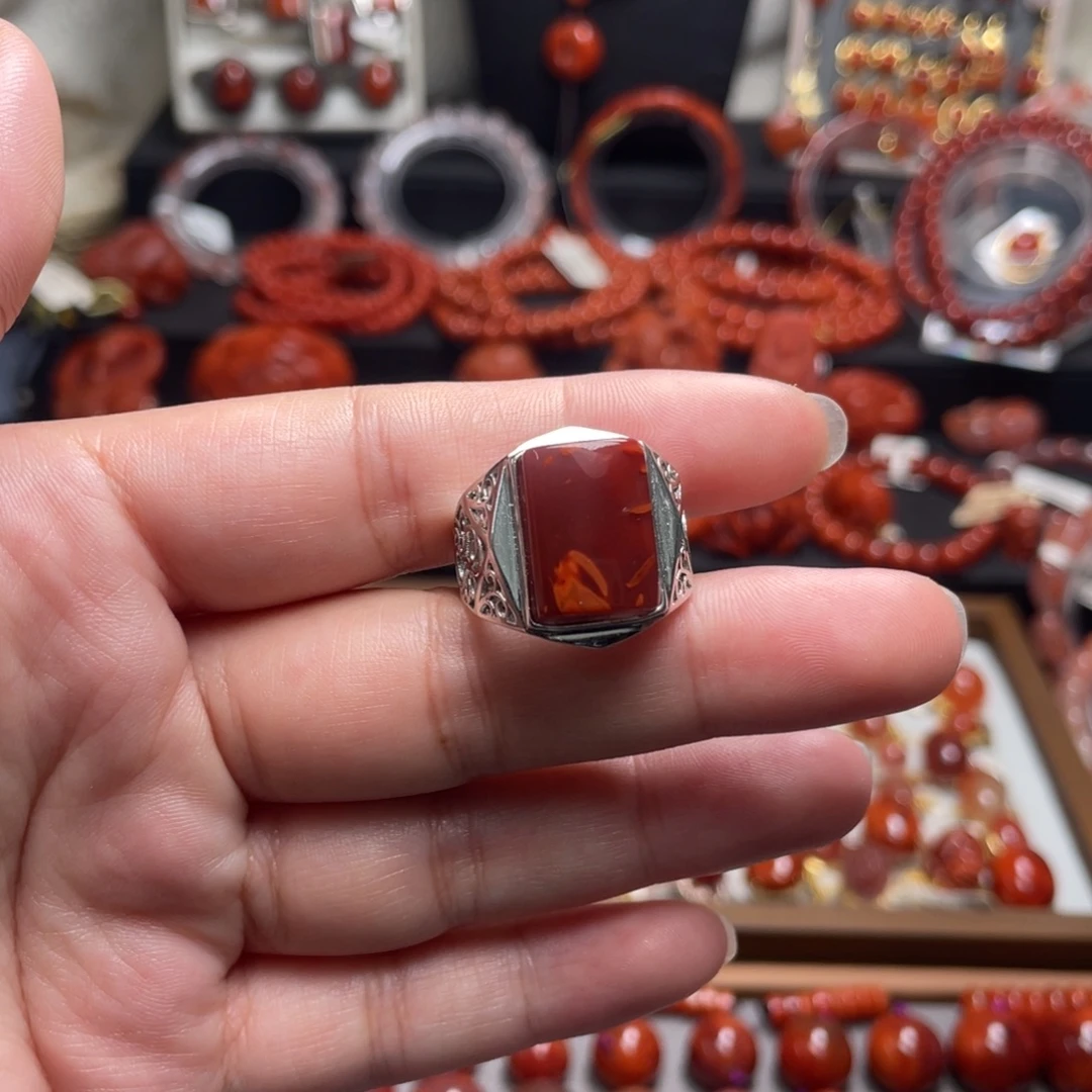 南红玛瑙银S925镶嵌男士戒指