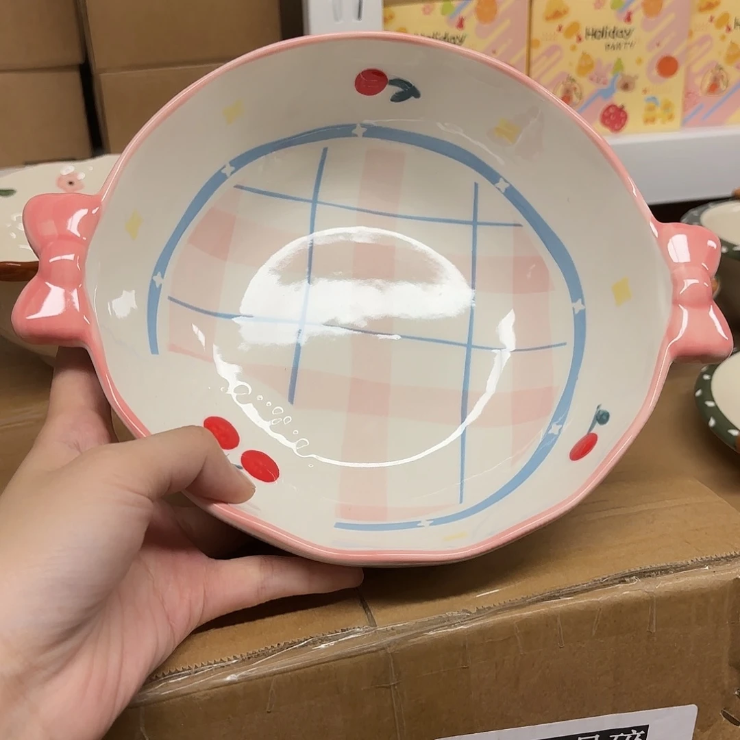 陶微瑕可爱陶瓷粉色八寸双耳