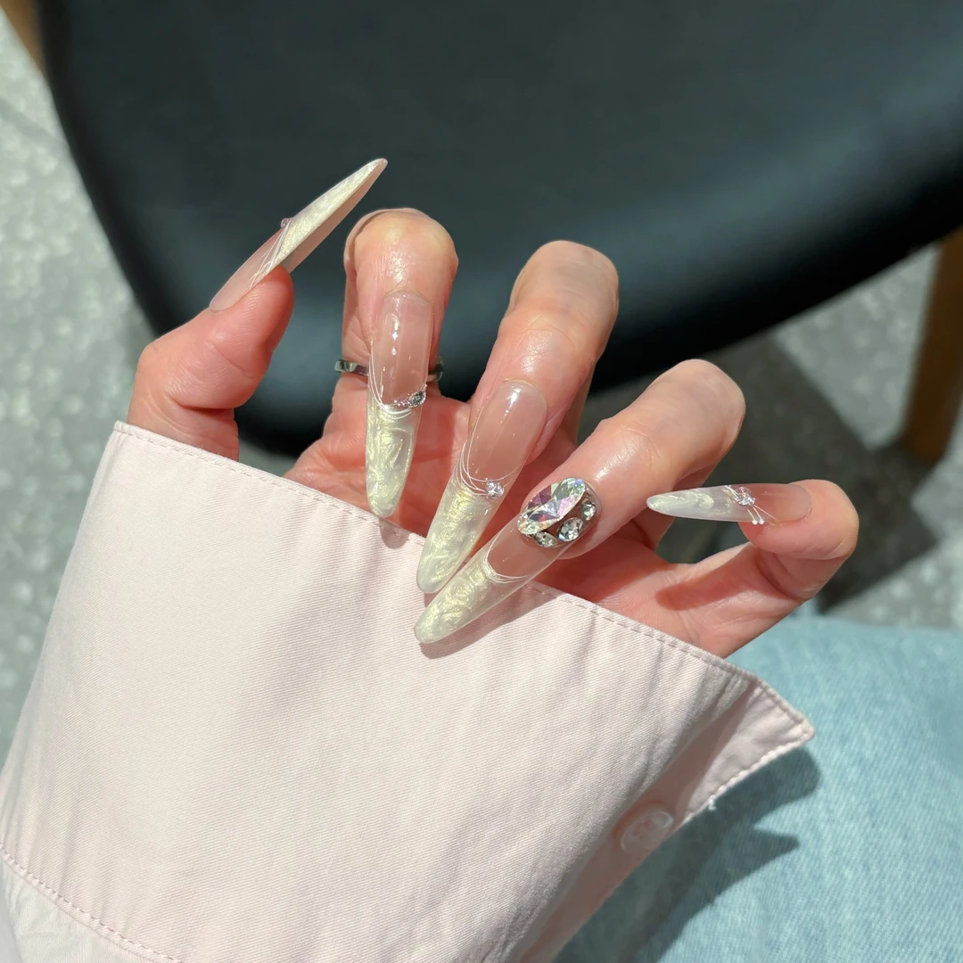 【316】柚米穿戴甲 水波纹法式猫眼堆钻显气质美甲