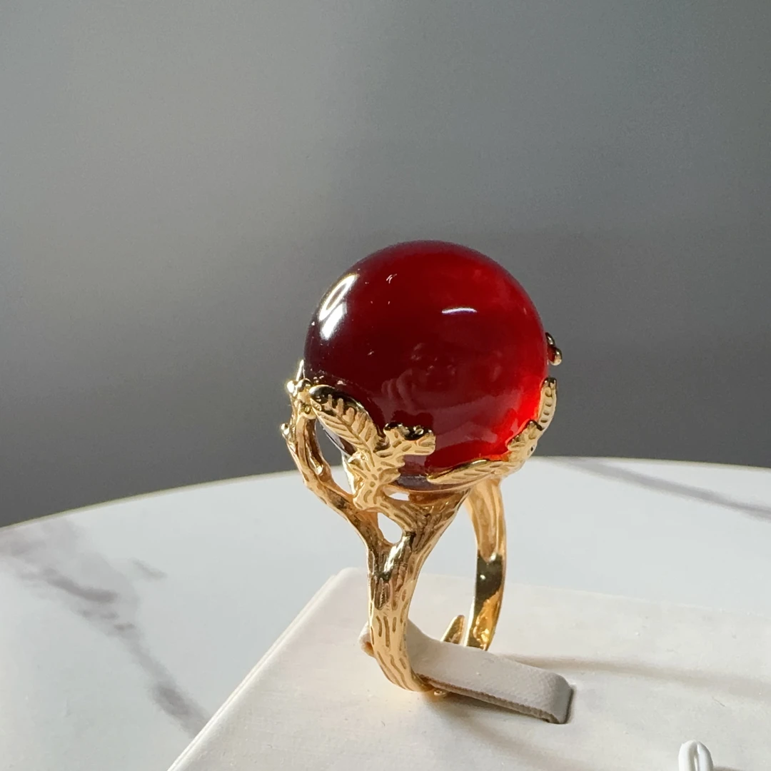 天然缅甸琥珀圆珠戒指20MM+925银镶嵌设计款生命之树戒指