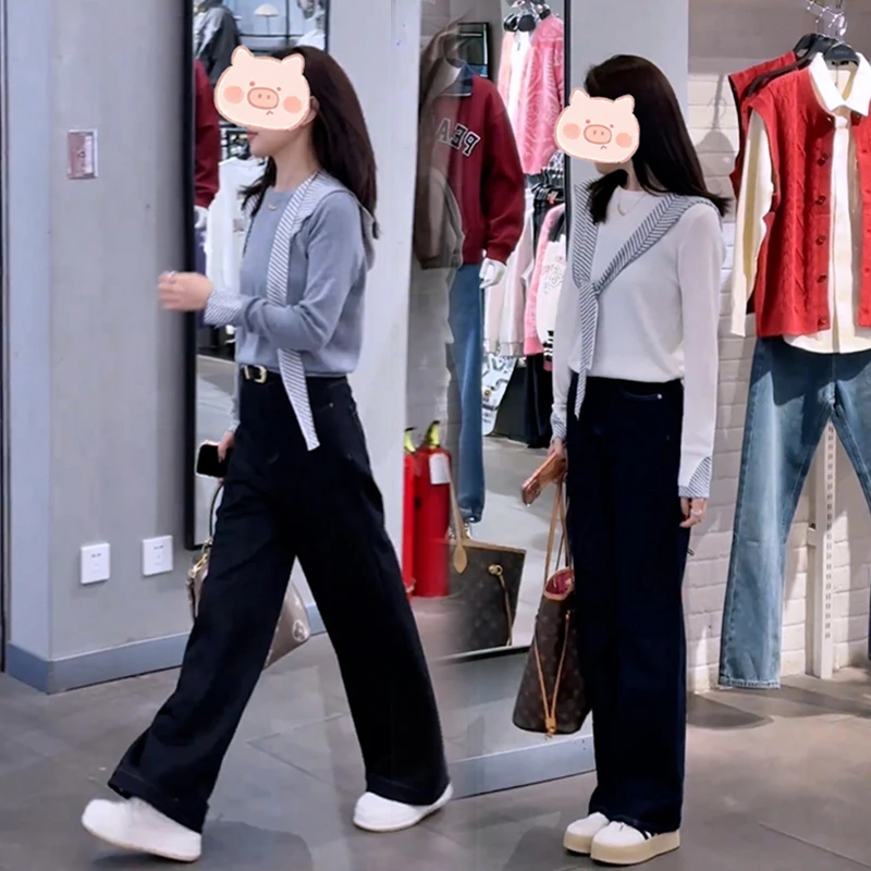 早秋穿搭一整套时尚百搭设计上衣带披肩+高腰显瘦牛仔裤两件套女