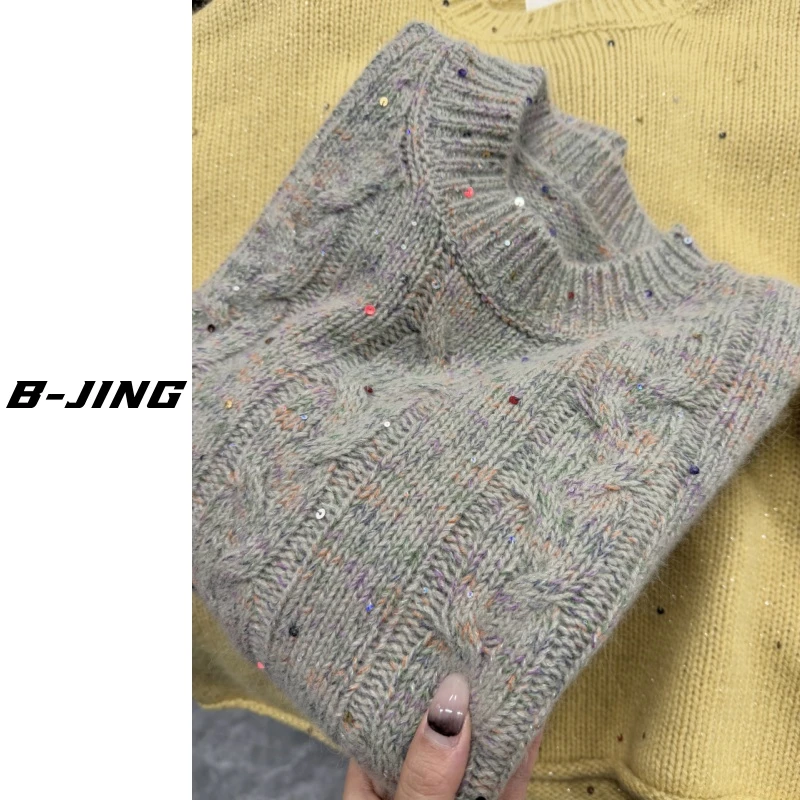 【莎莎家】2025绞花亮片套头毛衣时尚气质女士镂空加厚