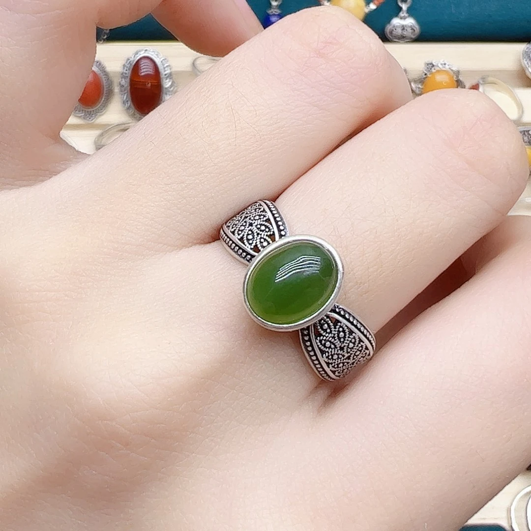 和田玉（碧玉）戒指银S925镶嵌