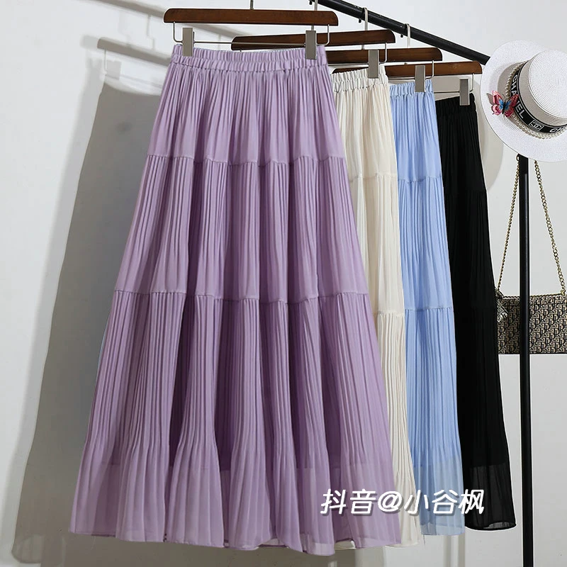 欧若风蓝色细褶雪纺半身裙女2025春秋新款高腰大摆裙子蛋糕裙长裙
