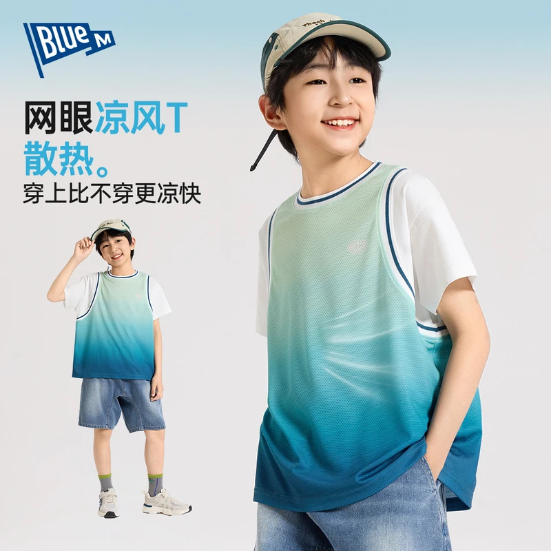 【Blue m】男童短袖T恤夏装儿童篮球服中大童运动上衣训练服假两件