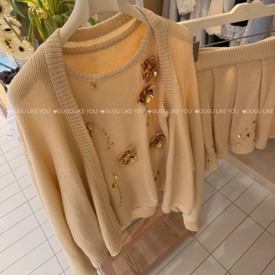 【古古】03.01【暴富套装】春季韩系宽松百搭镂空金花针织套装G25165