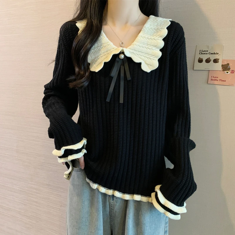 大码减龄翻领套头毛衣女秋冬宽松遮肚子设计感胖mm木耳边针织上衣