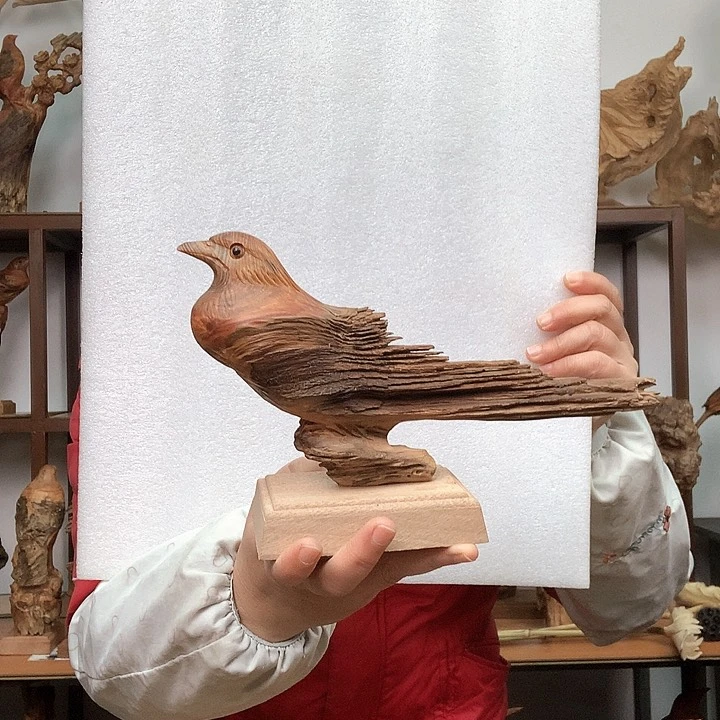 松木鱼*草琥珀木小鸟摆件