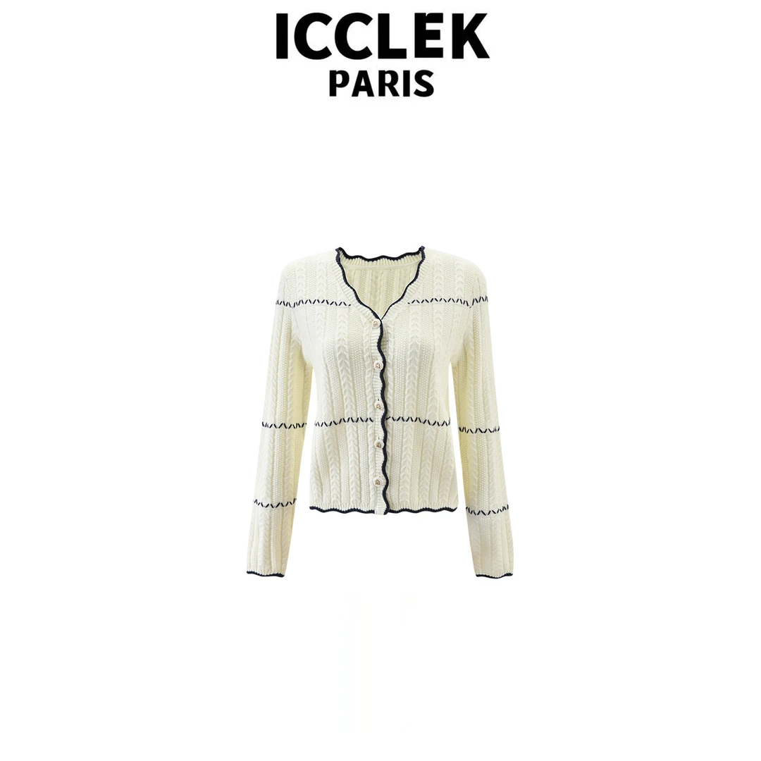 白色条纹V领条纹针织开衫气质轻奢百搭显瘦秋冬上衣- 9090