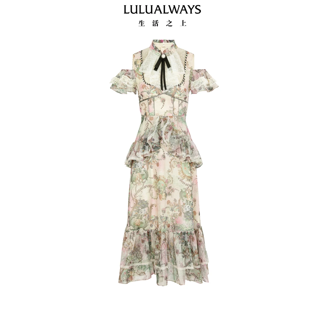 LULUALWAYS【商场同款】25夏季新款浪漫心动层次感露肩提花连衣裙