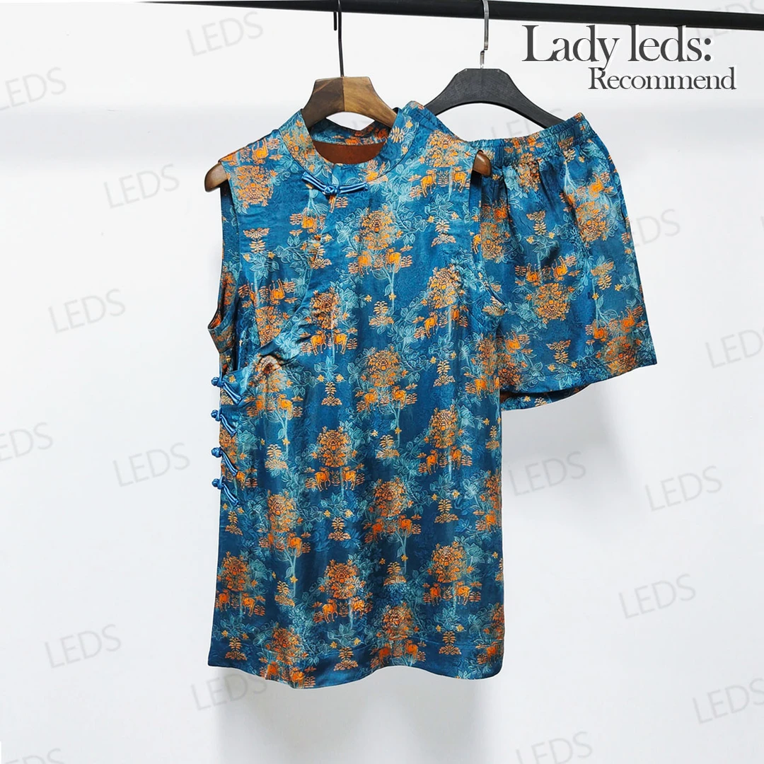 LEDS  6158夏季复古蓝橙印花盘扣无袖垂感显气质两件套装