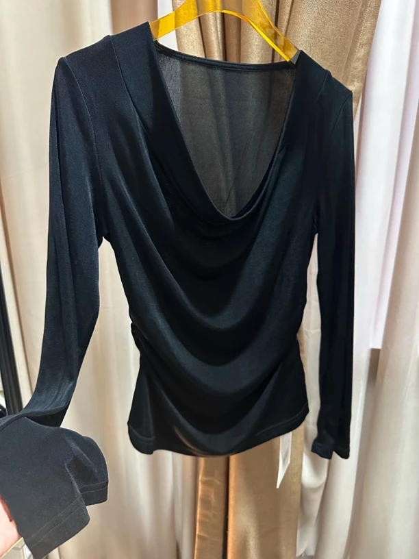 气质荡领长袖T恤女修身显瘦百搭打底衫上衣