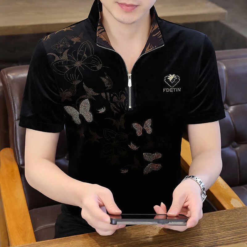 萨尔布勒斯男士半拉链短袖夏季新款时尚衣服立领修身薄款T恤潮牌