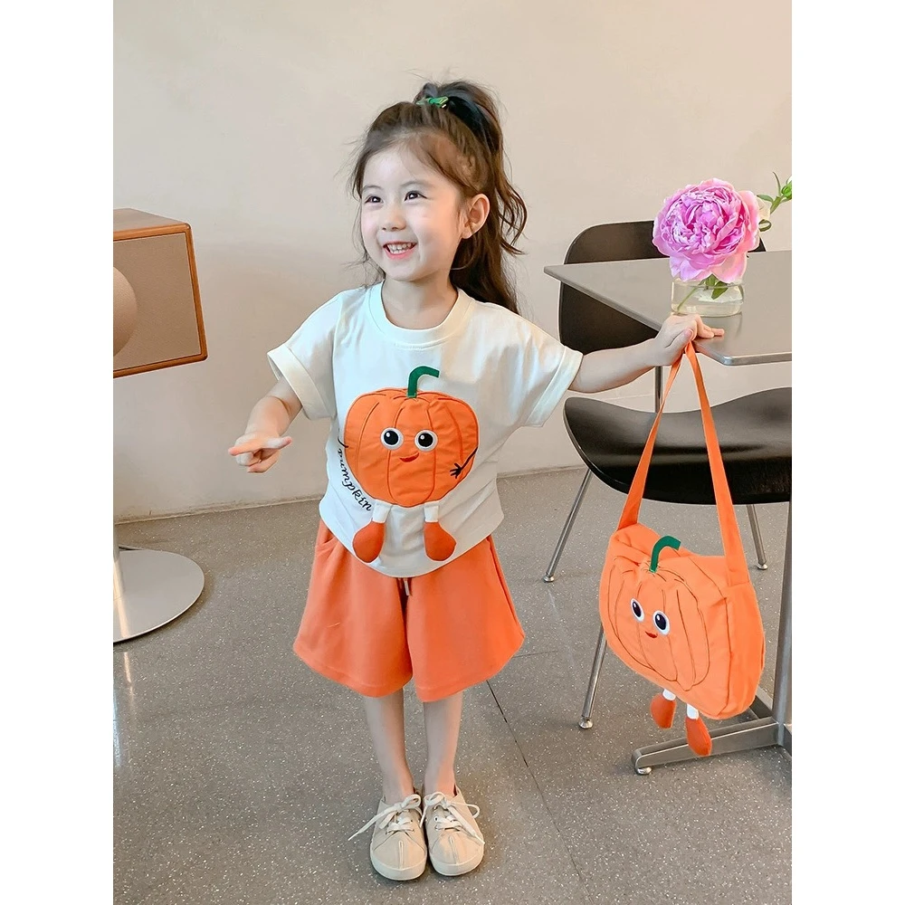 女童夏季套装2025新款儿童韩版可爱南瓜T恤两件套女宝宝休闲衣服