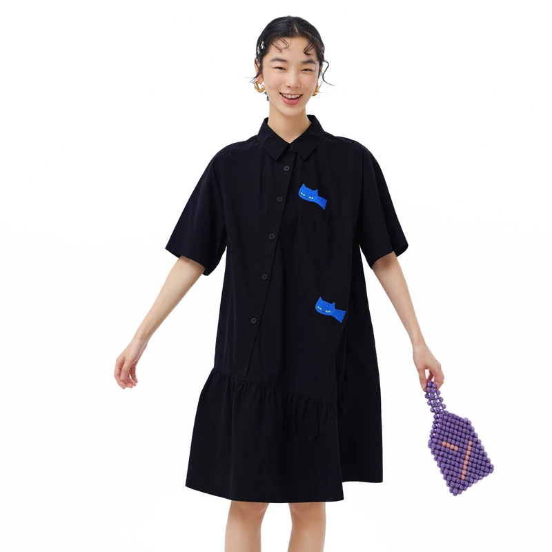 MOVEUP幻走2025夏季新款.FUN 衬衫领绣花黑色梭织连衣裙325221336