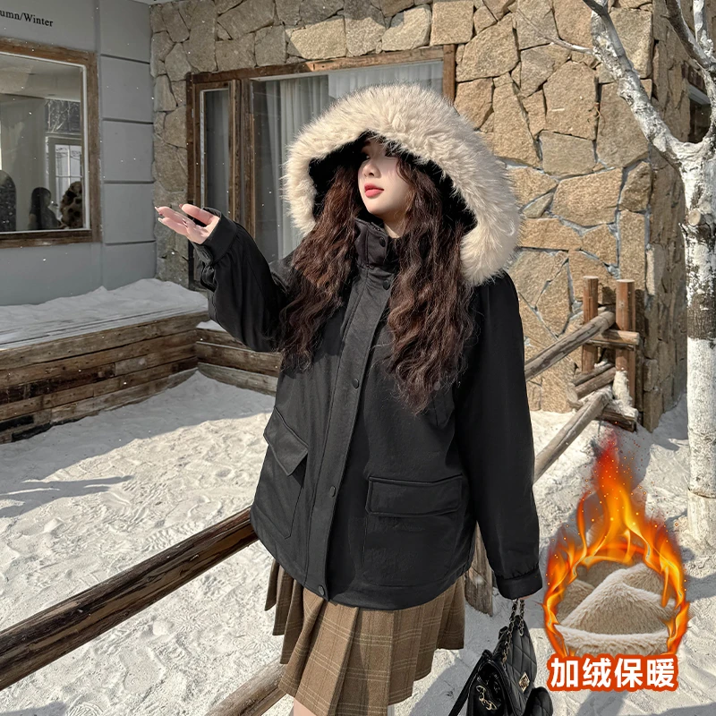 CD6666大码女装【巴恩风派克服】冬季大毛领连帽休闲保暖仿兔绒外套