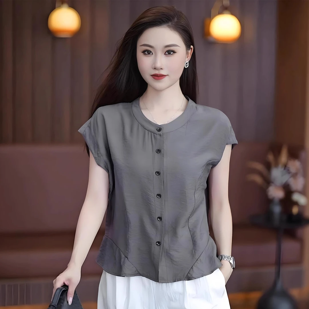 拉夏贝尔小个子时尚短袖衬衫女洋气上衣夏季新款宽松遮肉显瘦衬衣