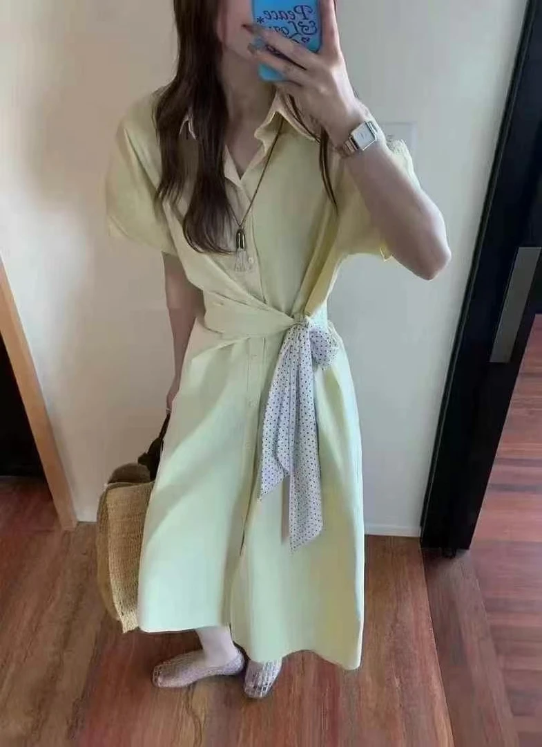 不褪色常规宽松腰连衣裙见外包装短袖连衣裙短袖系扣