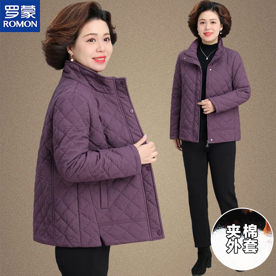 罗蒙妈妈秋装轻薄棉服中老年人女短款夹棉外套秋冬季新款保暖上衣