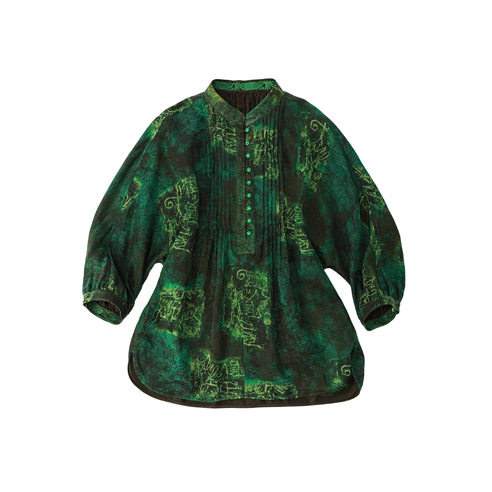 宛宛高定| 2025SS 中式绿色印花七分袖立领气质上衣52933