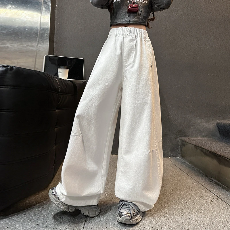 女童宽版休闲裤子2025春秋新款中大童洋气时尚白色长裤百搭阔腿裤