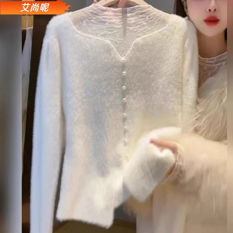 l白色拼接衫女秋冬季感气质修身显瘦软糯毛衣打底上衣1