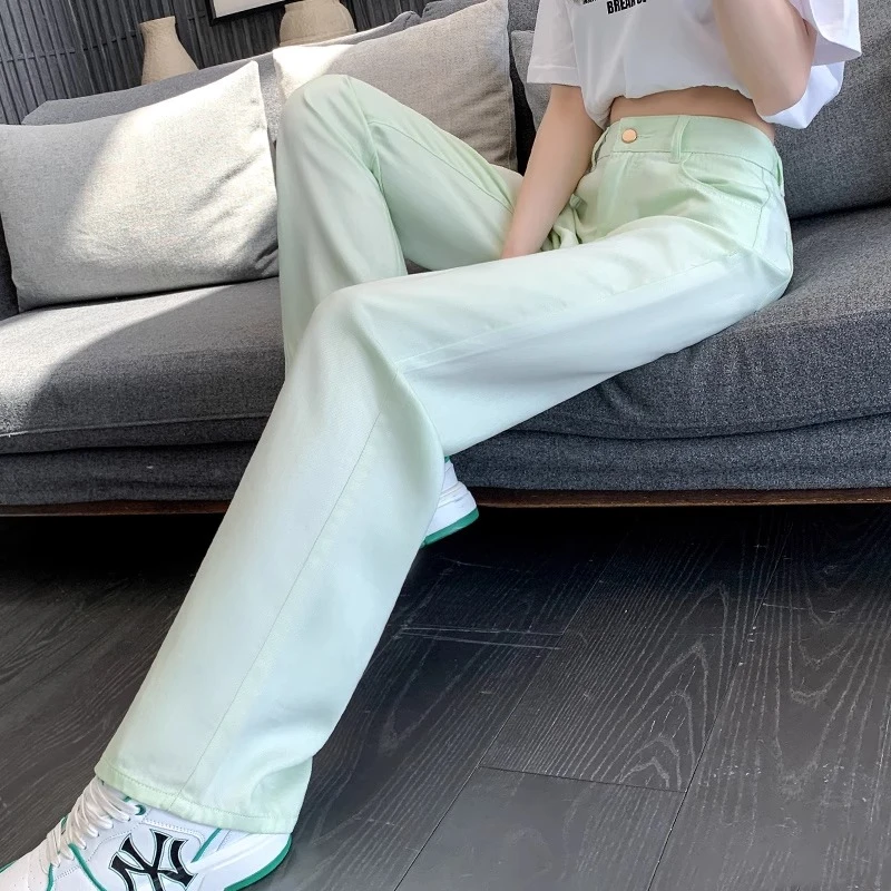 天丝牛仔裤女夏薄款2025新款薄荷曼波风穿搭浅绿色直筒窄版阔腿裤