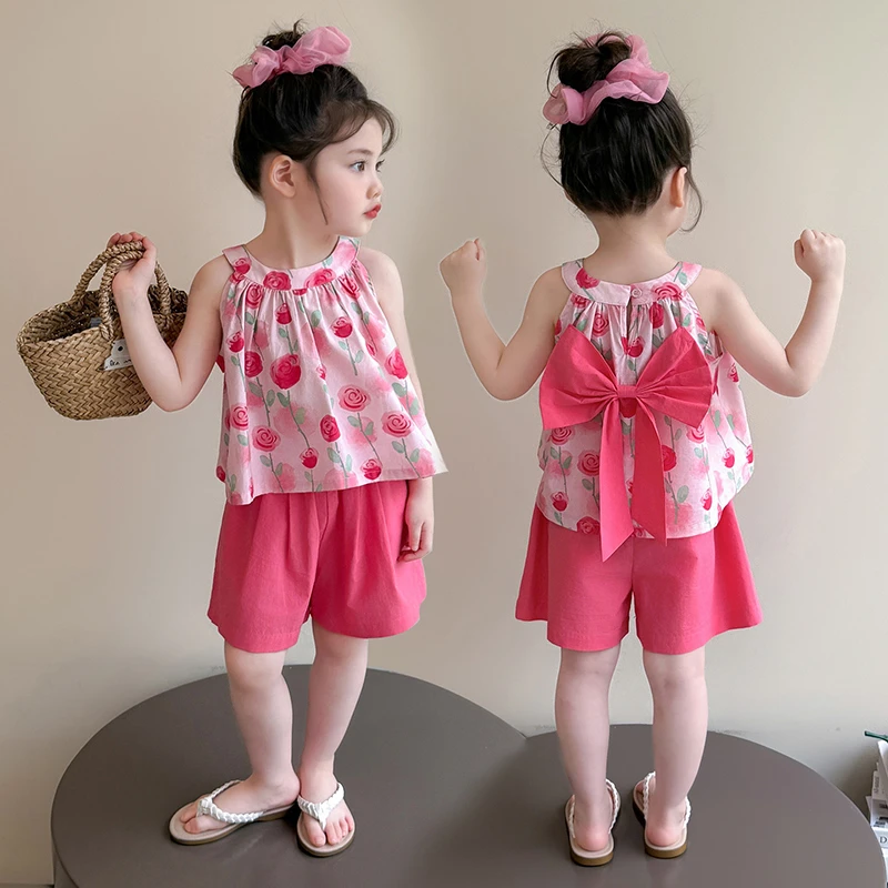 女童蝴蝶结套装夏季儿童2025新款女宝宝背心夏装韩版玫瑰花两件套