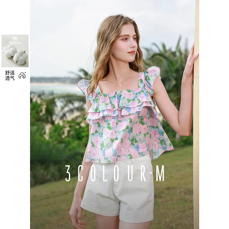 【三彩小樱花】2025夏季新款荷叶边小衫碎花娃娃衫衬衣上衣女M