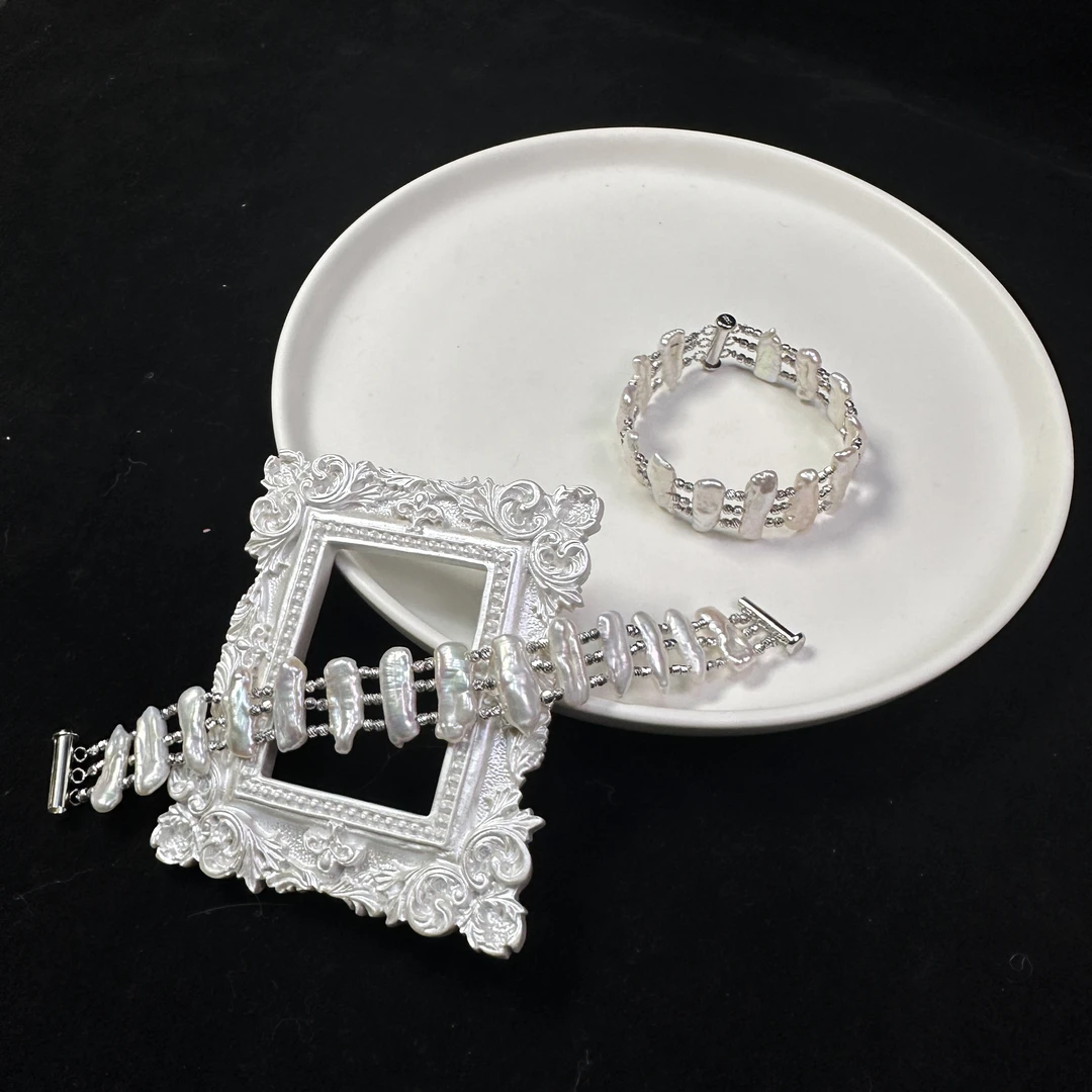 （数量拍3发1条）天然淡水巴洛克琵琶珍珠（亮闪闪）时尚白色宽手牌