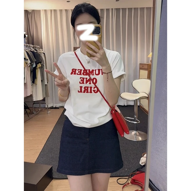 韩系穿搭短袖慵懒印花T恤女夏季2025年新款小众字母打底洋气上衣