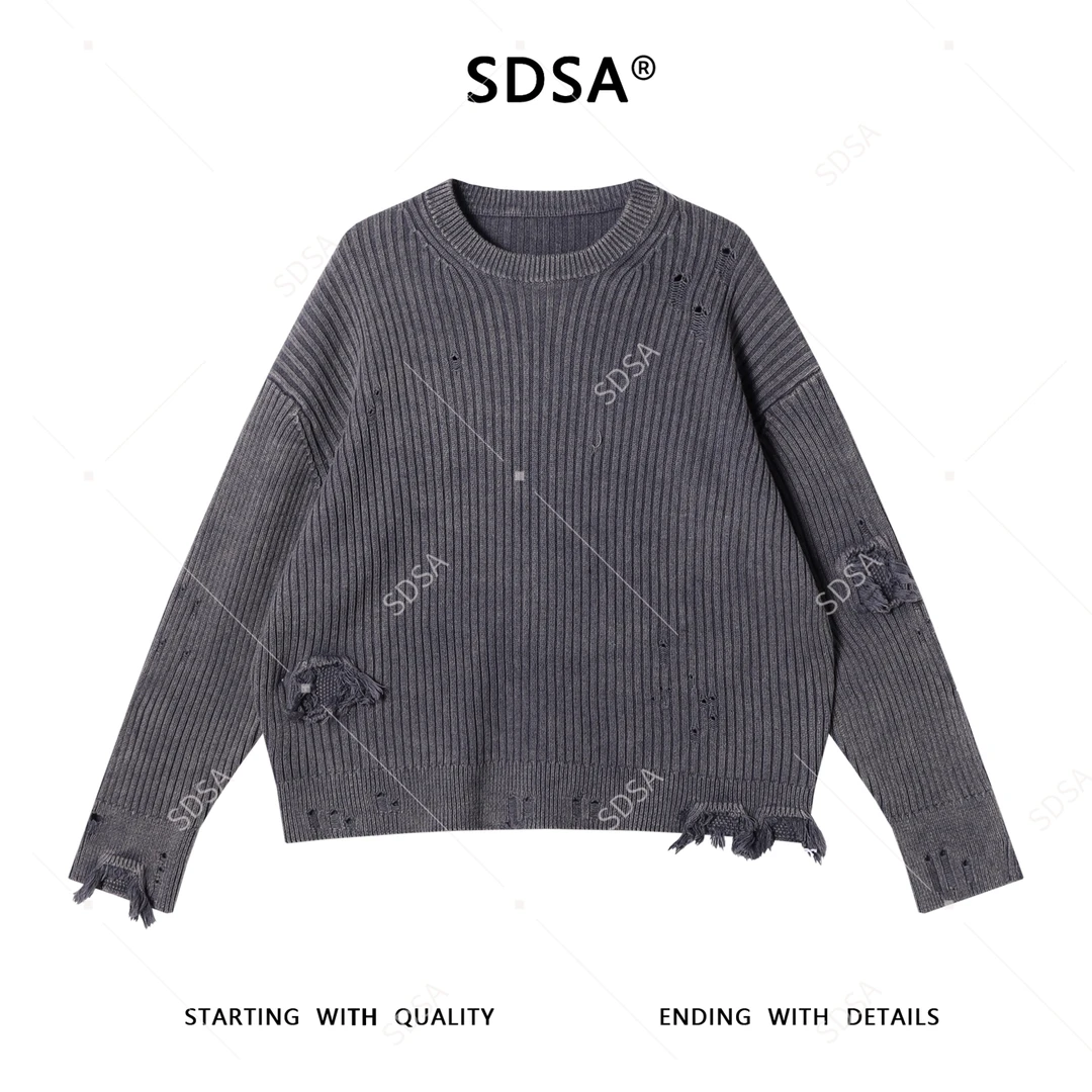 SDSA男士秋冬新款痞帅男装潮牌破洞流苏圆领针织衫百搭慵懒风毛衣