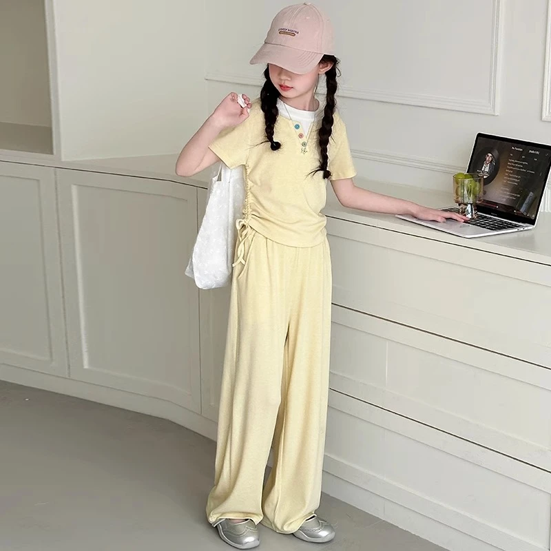 女童假两件套装夏季2025新款中大童短袖T恤糯米阔腿裤运动两件套