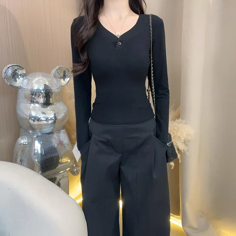 大码女装2025秋季新款半开领纽扣长袖t恤正肩修身显瘦打底衫上衣