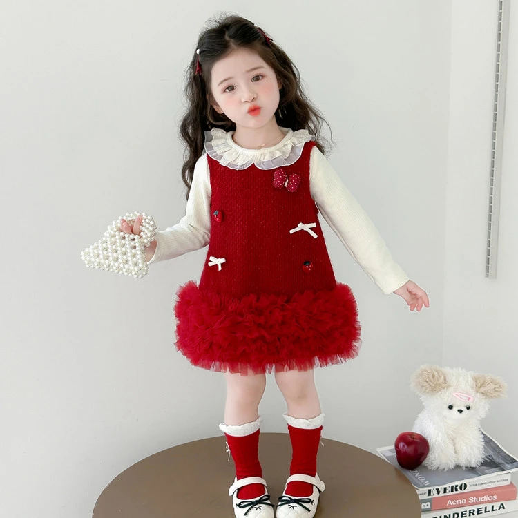 女童连衣裙秋装2025新款洋气儿童背心裙套装周岁女宝宝红色蛋糕裙