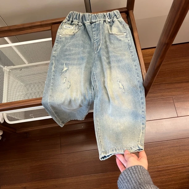 【编号L874】21275-06-儿童口袋白标破洞牛仔裤蓝色-YBF