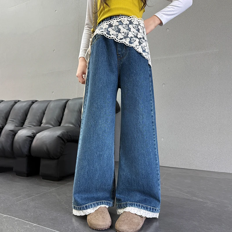 女童屁帘裤子春秋2025新款儿童牛仔裤女孩阔腿裤女大童休闲直筒裤