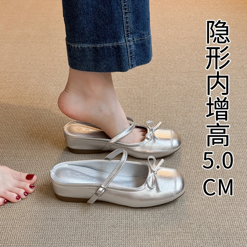 2025夏季新款蝴蝶结玛丽珍凉拖鞋法式厚底内增高包头半拖鞋女外穿
