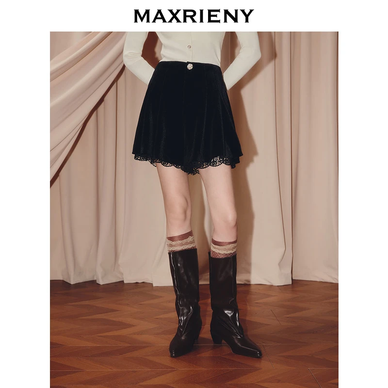 MAXRIENY法式复古收腰A型丝绒短裤25秋款蕾丝拼接伞摆高腰裙裤女