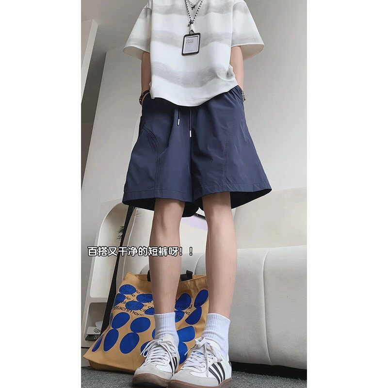 藏青色斜切冰丝速干短裤男夏季跑步运动五分裤宽松凉感休闲沙滩裤