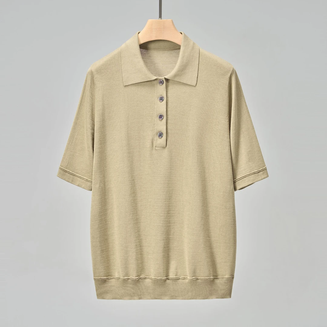 宽松型纯色丝麻棉衫奢华针织短袖夏季宽松t恤ol翻领舒适半袖时尚