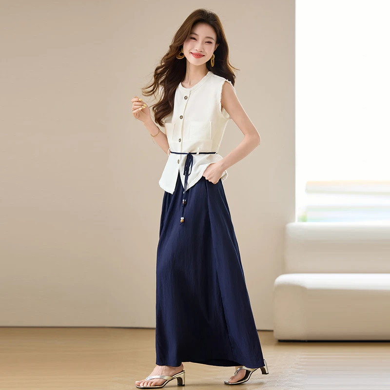 无袖上衣阔腿裙裤两件套女夏2025新款小个子时尚休闲洋气减龄套装