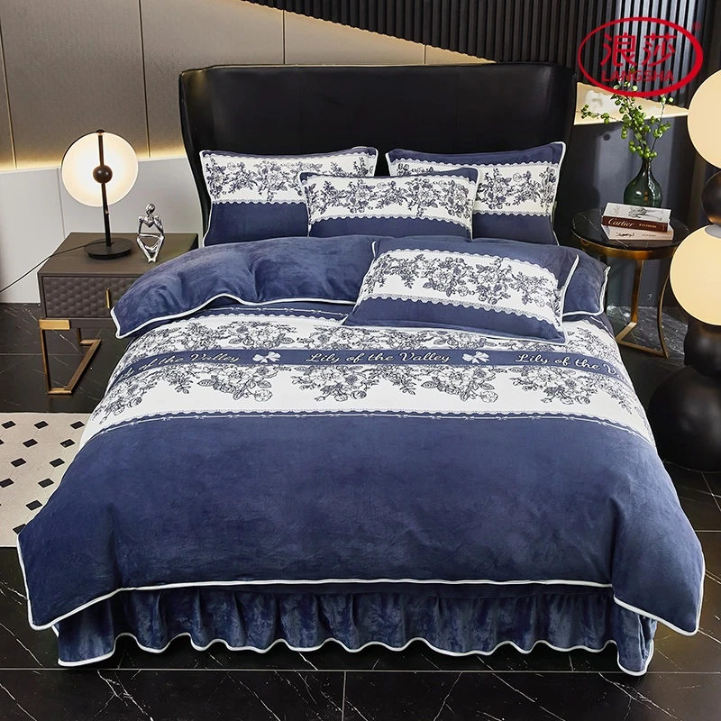 LangSha/浪莎升级款秋冬轻奢床裙加绒加厚双面绒印花牛奶绒四件套