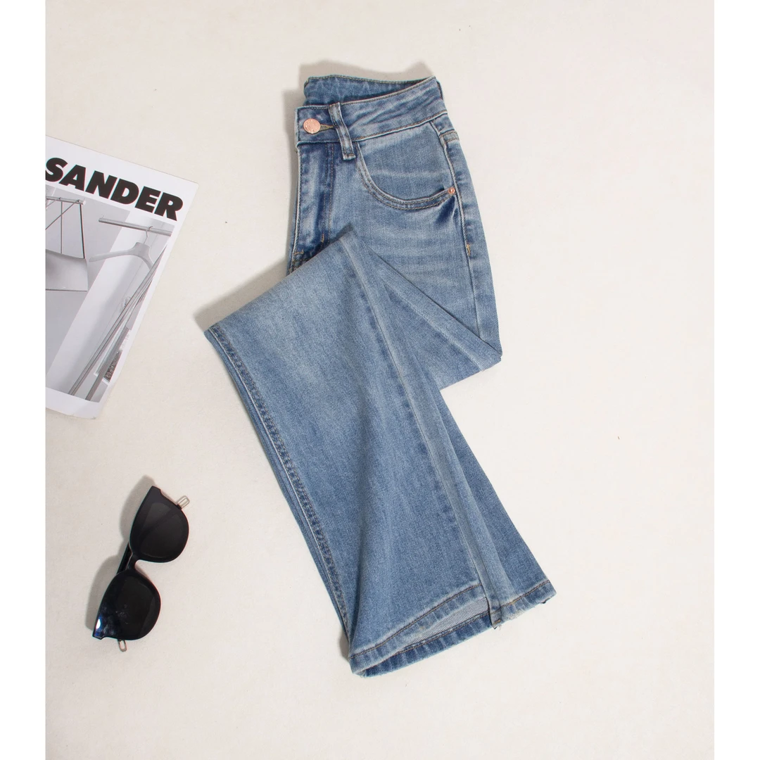 1259-高腰微喇叭牛仔裤女九分小个子新款修身显瘦裤子